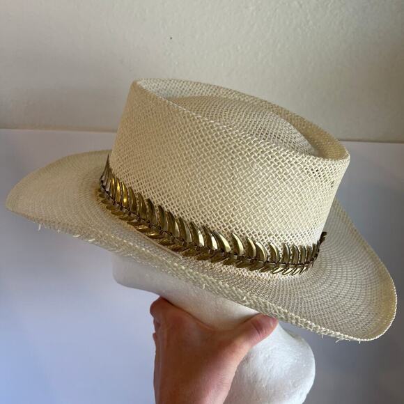 USA Vintage 90s Woven Sun Hat With Metal Golden Spiked Band Hat Size Small - Picture 12 of 14